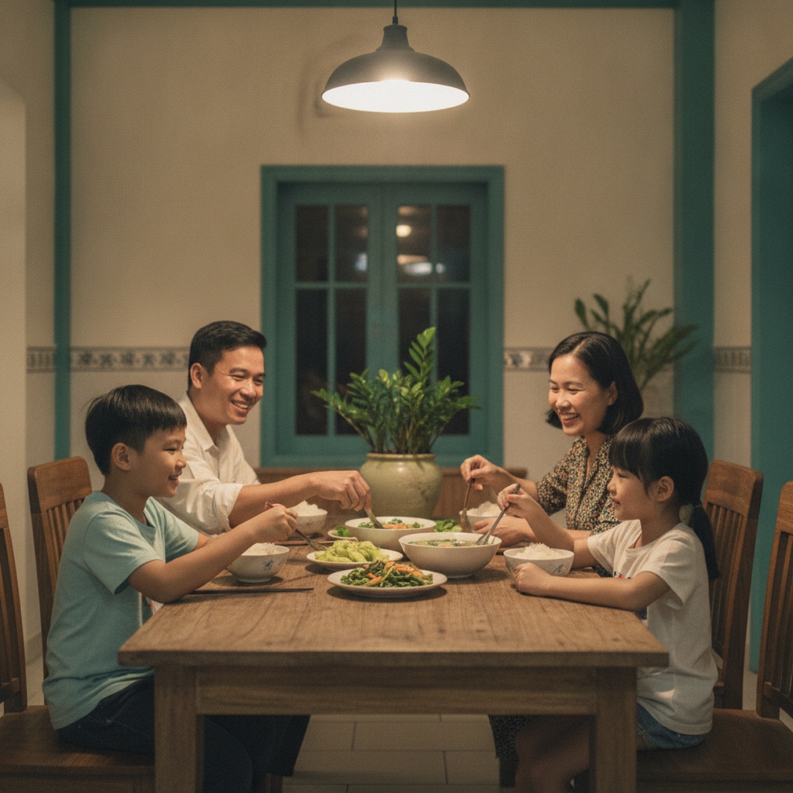 Cả nhà ăn cơm vui vẻ